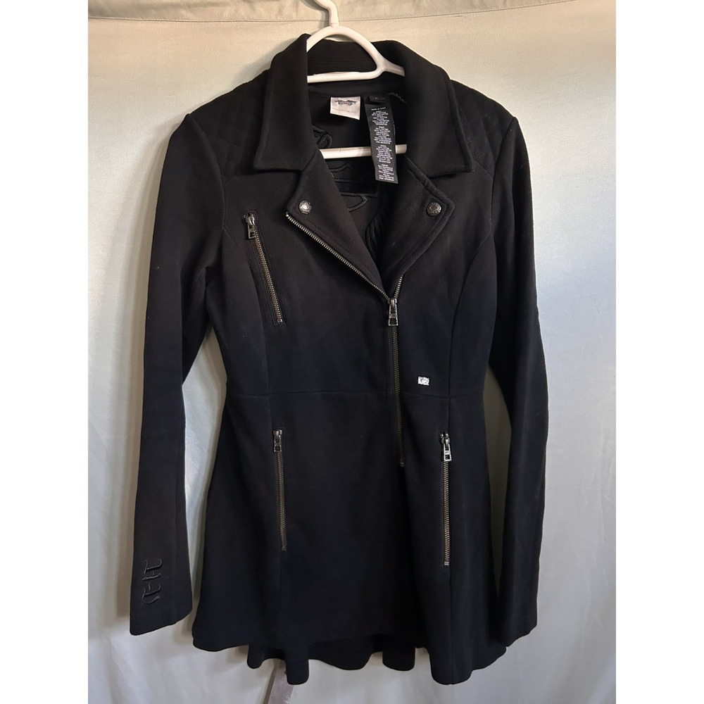 Harley Davidson Moto Jacket Women's Medium Black Biker Embroidered Asymmetrical